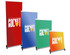 Four retractable banners in red, blue, green, and a smaller format, featuring a logo on each.