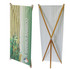 A Bamboo X-Banner featuring a bamboo design and a wooden frame, displayed upright in two orientations.