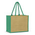 A jute tote bag with a natural beige body and green handles, featuring a logo on one side.