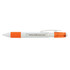 A white and orange pen with a transparent orange cap and barrel, featuring a logo.