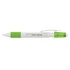 A plastic pen featuring a white body with green accents and a transparent grip section, including a logo.