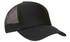 A black truckers mesh cap featuring a solid front and a mesh back for ventilation. Includes a logo on the front.