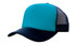 A teal and navy truckers mesh cap with a solid front panel and mesh back for breathability.