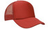 A red trucker mesh cap featuring a solid front panel and mesh sides. It has a logo on the front.