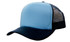 A trucker mesh cap featuring a light blue front and a black mesh back.