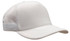 A white truckers mesh cap with a solid front and a mesh back. The cap features a curved brim and has a logo.