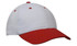 A cap featuring a white body and a red peak, with visible stitching and ventilation holes. It has a logo.