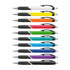 A collection of plastic pens with coloured barrels in yellow, orange, red, green, blue, and purple, featuring black grips and chrome accents.