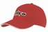 A red cap featuring a black logo and a contrasting white sandwich trim on the brim.