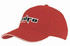 A red baseball cap with a white sandwich trim and a logo on the front.