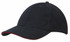 A navy blue cap with a red sandwich trim and a logo on the front.
