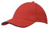 A red cap with a curved peak and contrasting trim, featuring a logo on the front.
