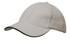 A white cap with a green sandwich trim and a curved brim, featuring a logo on the front.
