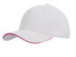 A white cap with a pink sandwich trim and a rounded peak, featuring stitching details and a logo.