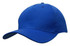 A blue cotton twill cap with a buckle and a curved visor, featuring a branding logo.
