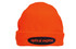 An orange beanie featuring a black logo. The beanie has a fold-up cuff style.