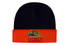 A luminescent safety beanie in black and orange, featuring a logo on the front.