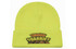 A bright yellow beanie hat with a folded cuff and a logo on the front.