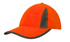 An orange cap with reflective inserts and trim, featuring a contrasting green peak and a logo.