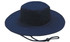 A navy canvas hat with a wide brim and a adjustable chin strap. It features a logo.