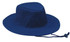 A blue poly cotton slouch hat with eyelets and an adjustable chin strap. It features a simple logo.