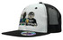 A white and black snapback cap featuring cartoon characters on the front, along with a logo.