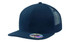 A navy blue snapback cap featuring a mesh back and a round sticker on the brim.
