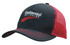 A black and red cap with a mesh back and a logo on the front.