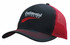 A black cap with a red mesh back, featuring a logo on the front.
