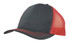 A breathable poly twill cap featuring a black front and red mesh back, with a curved brim and a logo.