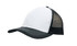 A black and white cap with a solid front and a mesh back, featuring a curved brim and stitching details.