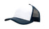 A breathable poly twill cap featuring a white front panel and navy mesh back. Includes a logo on the front.