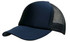 A navy blue trucker cap with a mesh back and a curved brim, featuring an unmarked logo.