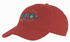 A red college cap featuring embroidered green buildings and birds against a blue background. It has a logo on the side.