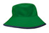 A green reversible bucket hat with a navy blue brim, featuring branding on the side.