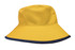 A yellow reversible bucket hat with a navy blue brim and a logo present. Suitable for various outdoor activities.