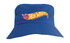 A blue bucket hat featuring an embroidered logo on the front, with a wide brim for sun protection.