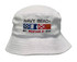 A white terry towelling bucket hat featuring an embroidered design with nautical symbols and the text "Navy Beach".