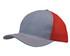 A cap featuring a light brushed poly cotton marle design in grey with red honeycomb mesh panels and contrasting stitching.