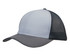 A grey and light blue cap featuring breathable poly twill with a honeycomb mesh design. It includes a logo.