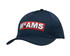 A navy blue cap with an embroidered red and white logo on the front and a curved brim.