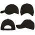 A black cap displayed from multiple angles, featuring a logo on one side and an adjustable strap at the back.