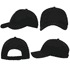 A black baseball cap featuring breathable poly twill and circular perforations, displayed from multiple angles.