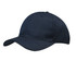 A navy blue cap featuring breathable poly twill with circle perforations and a subtle logo on the side.