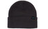 A black rolled beanie made from recycled materials, featuring a small logo tag.