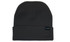A black roll-up beanie made from recycled materials, featuring a small logo on the side.