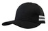 A black trucker cap with a twill front and mesh back, featuring white stripes on the side.