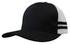 A black trucker cap with a deep fit, featuring mesh sides and white stripes. It has a logo on the front.