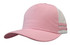 A pink trucker cap with a deep fit and white mesh sides, featuring striped detailing on the sides.