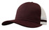 A deep fit trucker cap with a maroon front and white mesh sides, featuring striped accents.